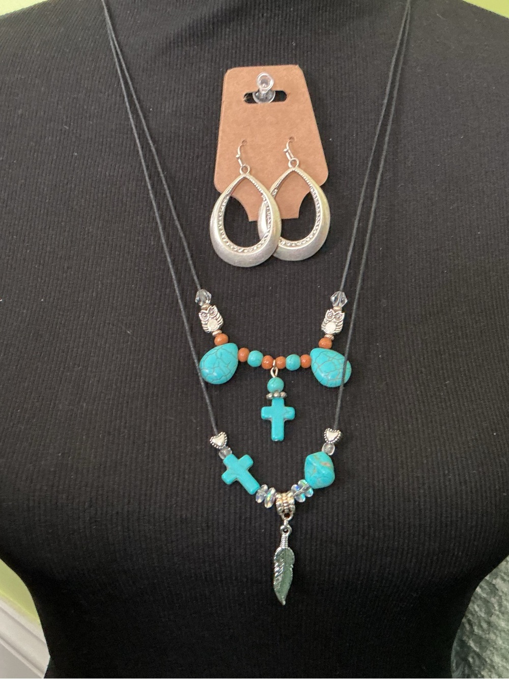 3 Piece Set 2 Turquoise Cross Layered Necklaces with Silver Teardrop Earrings
